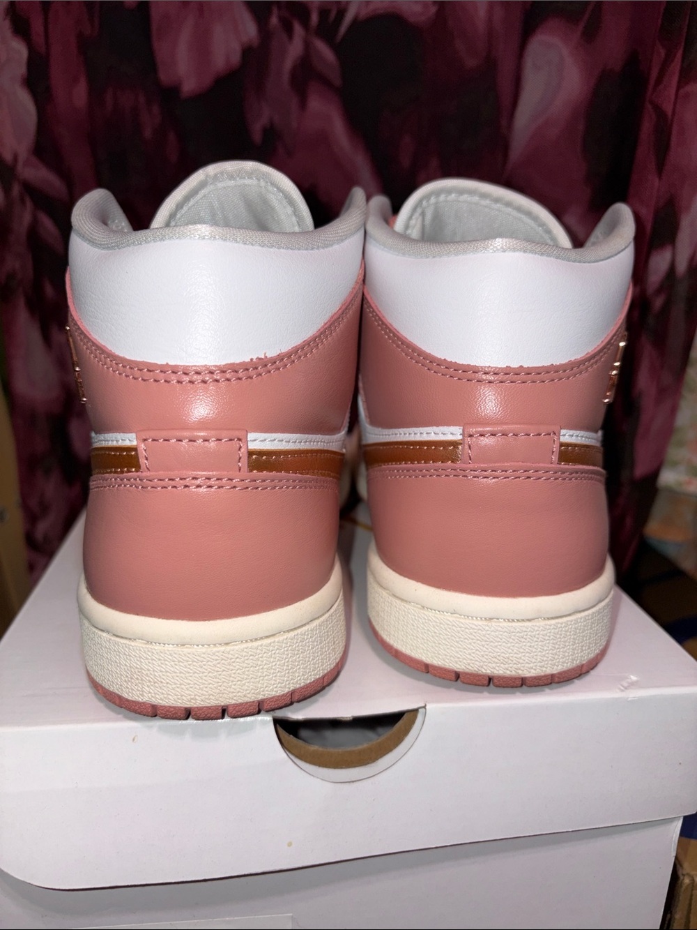Jordan Women’s Pink and White High Top Sneakers with Metallic Rose Swoosh - Picture 2 of 7